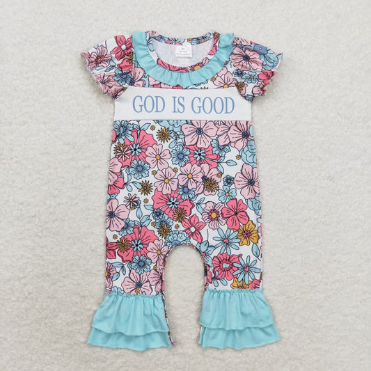 RTS NO MOQ（In Stock) God is good flower blue-green lace beige short-sleeved jumpsuit