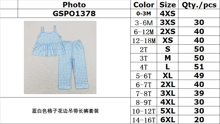 GSPO1378 Blue and white plaid lace suspender trousers suit