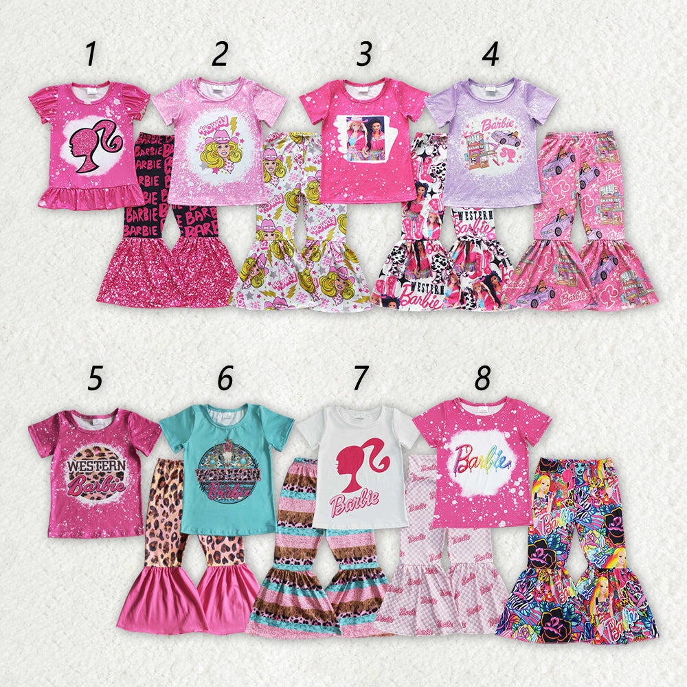 RTS NO MOQ Baby Girl Cartoon Barbie Short Sleeve Top Pants Set