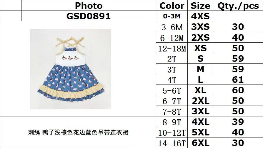 RTS no moq GSD0891 Embroidered duck light brown lace blue suspender dress