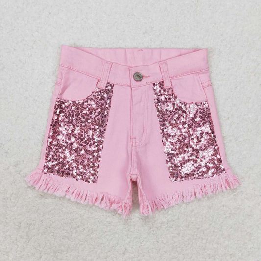 rts no moq SS0230 Pink Sequin Denim Shorts