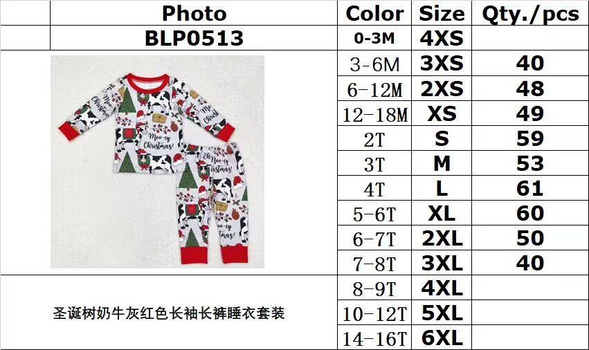 rts no moq BLP0513 Christmas Tree Cow Gray Red Long Sleeve Pants Pajama Set