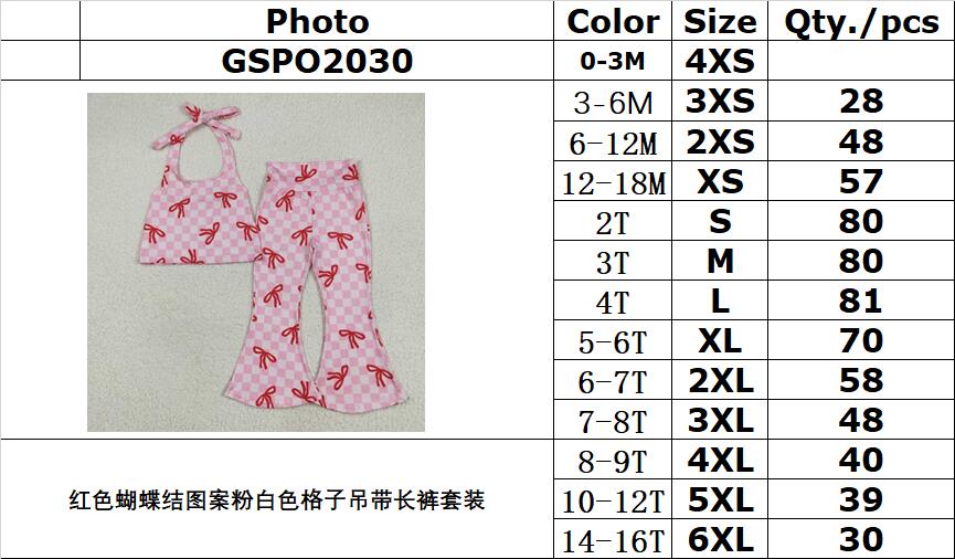 RTS NO MOQ GSPO2030 Red bow pattern pink and white plaid suspender trousers suit