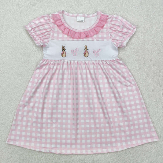 RTS NO MOQ ETA 5/7days Arrived GSD1583 Embroidery Easter bunny bow pattern pink plaid short-sleeved dress