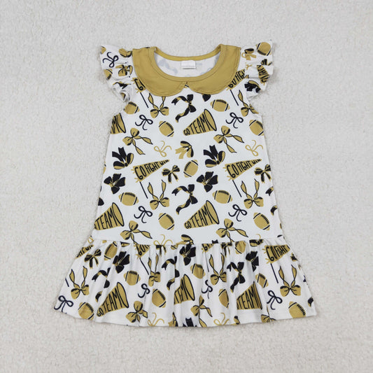 RTS NO MOQ（In Stock) GSD2788 Football trumpet and bow pattern gold baby collar and flying sleeve dress