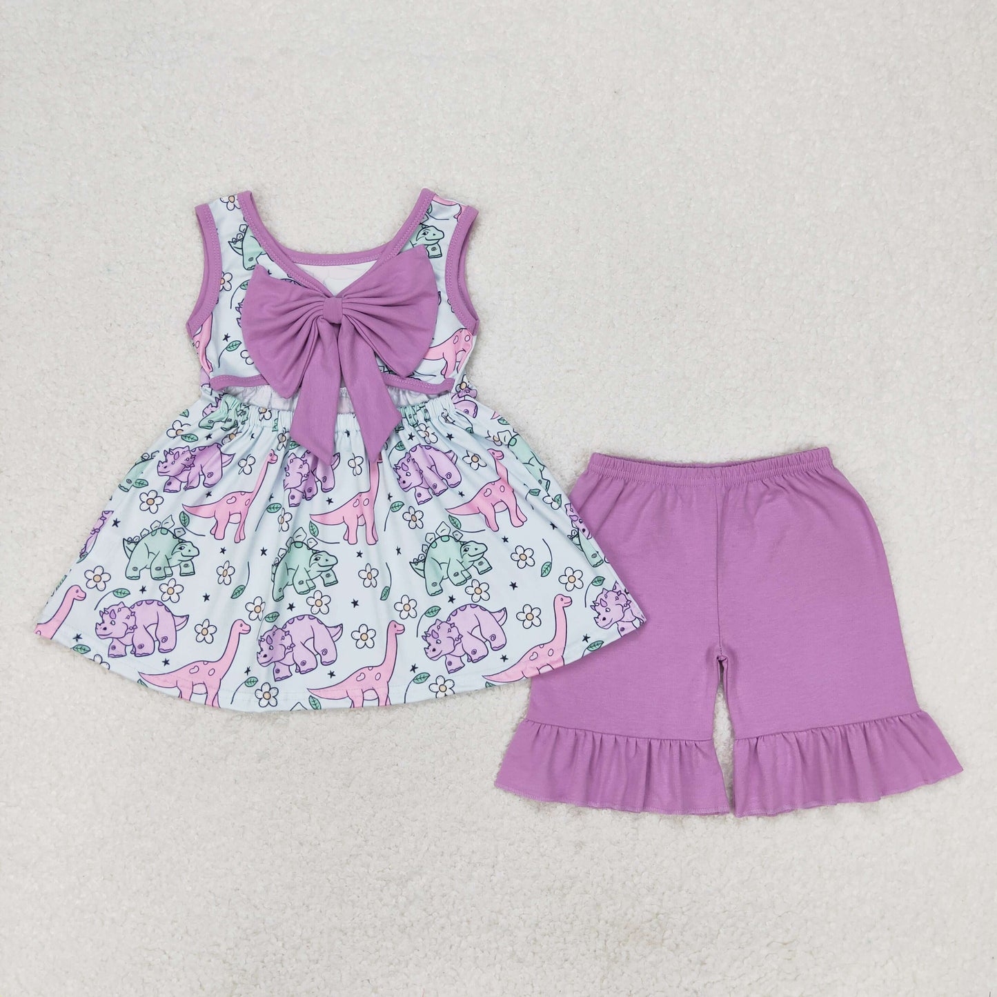 rts no moq GSSO0533 Flower Dinosaur Purple Bow Sleeveless Shorts Set