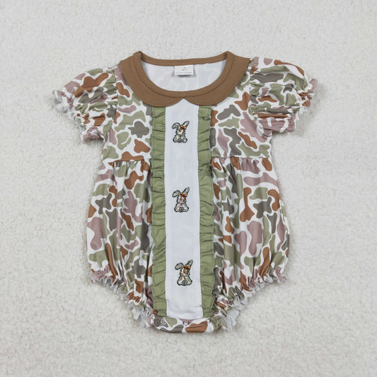 RTS NO MOQ（In Stock) SR3259 Embroidered Camouflage Bunny Jumpsuit with Bow and Lace Peter Pan Collar