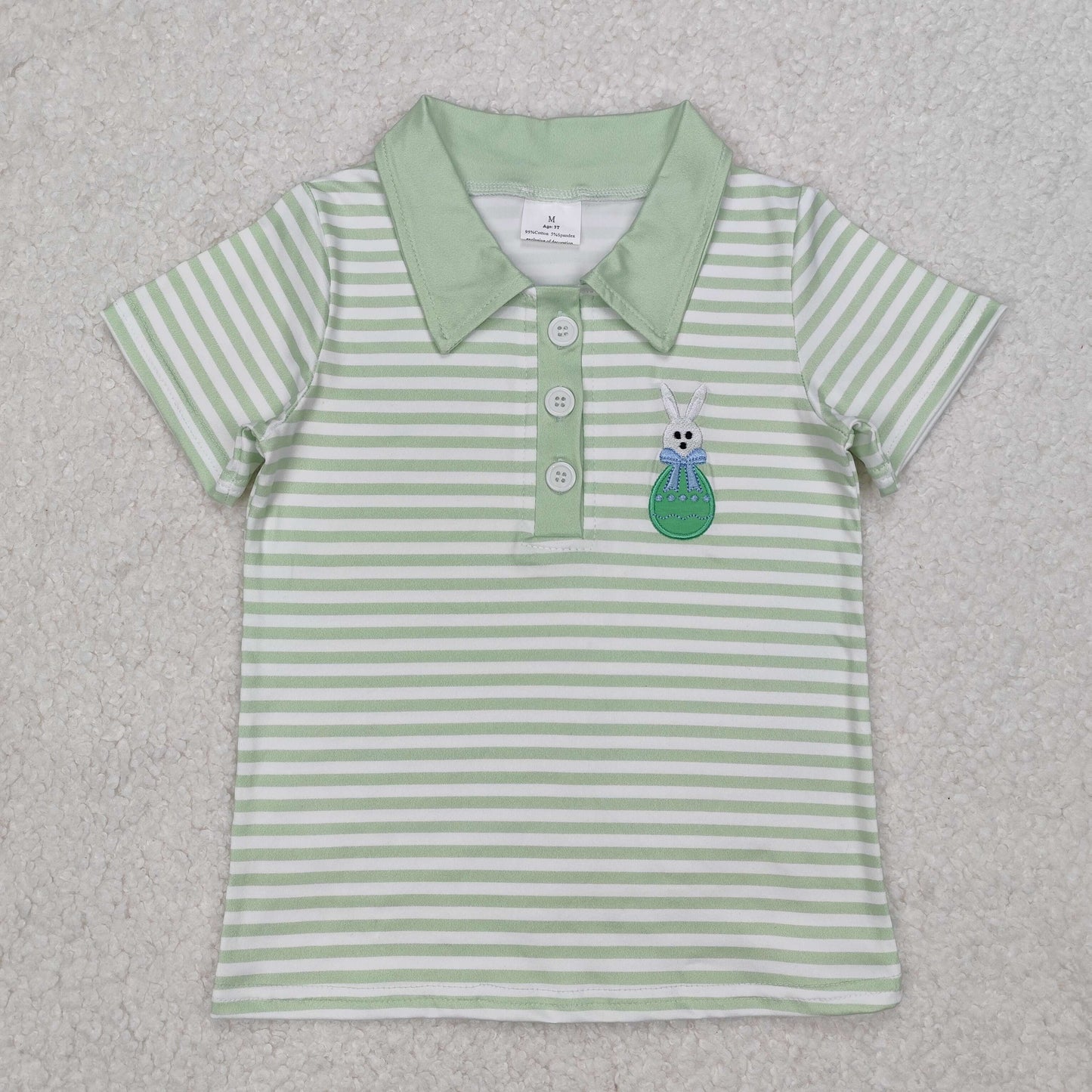 RTS NO MOQ ETA 5/7days Arrived BT1046 Embroidered Easter egg bunny green striped short-sleeved top