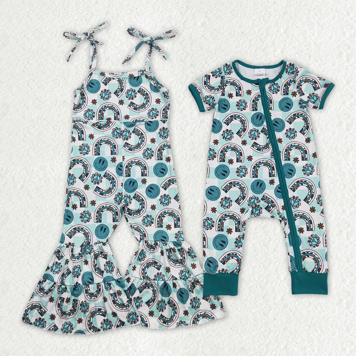 RTS NO MOQ Baby kids green smiley face U-shaped plaid overalls-short-sleeved zipper romper