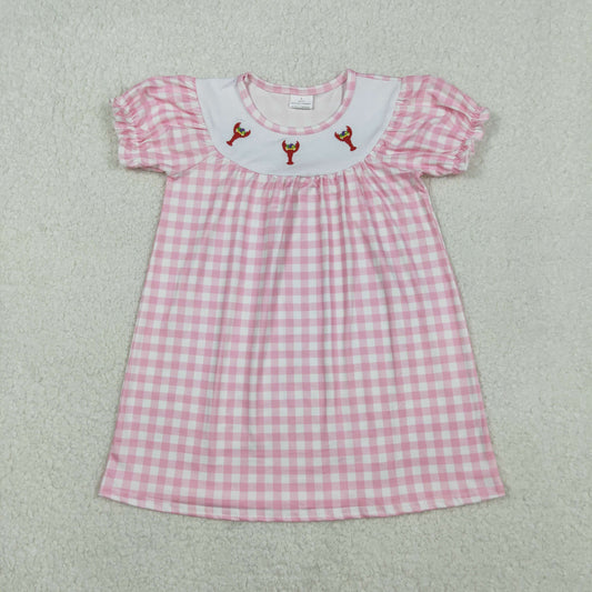 RTS NO MOQ（In Stock ) GSD2853 Embroidered Carnival Lobster Pink and White Checkered Short-Sleeve Dress