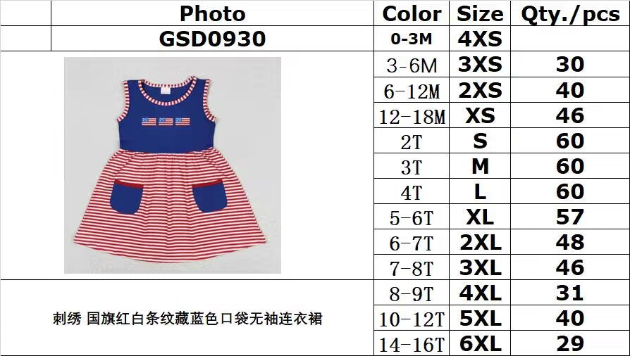 RTS no moq GSD0930 Embroidered flag red and white striped navy blue pocket sleeveless dress