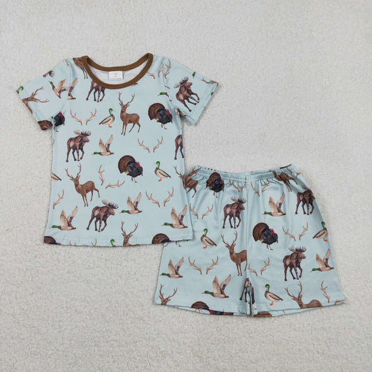 RTS NO MOQ（In Stock) GSSO2709 Duck, Reindeer, Turkey Blue-Brown Short-Sleeve Shorts Pajama Set
