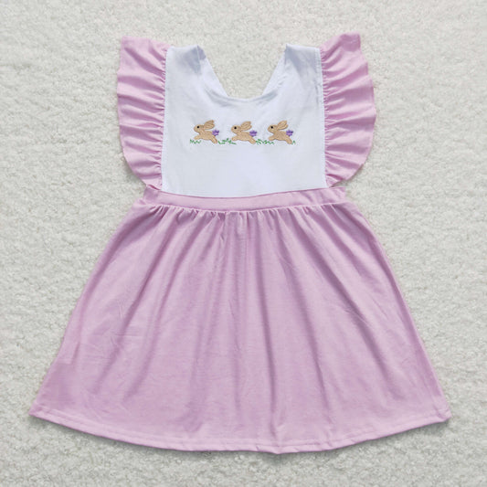 GSD0569 Embroidery Three Rabbits Bow Purple and White Flying Sleeve Dress