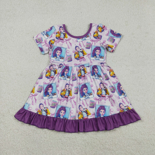 12/18m-14/16t RTS NO MOQ（In Stock) Kpop photo bow pattern plaid purple lace short-sleeved dress