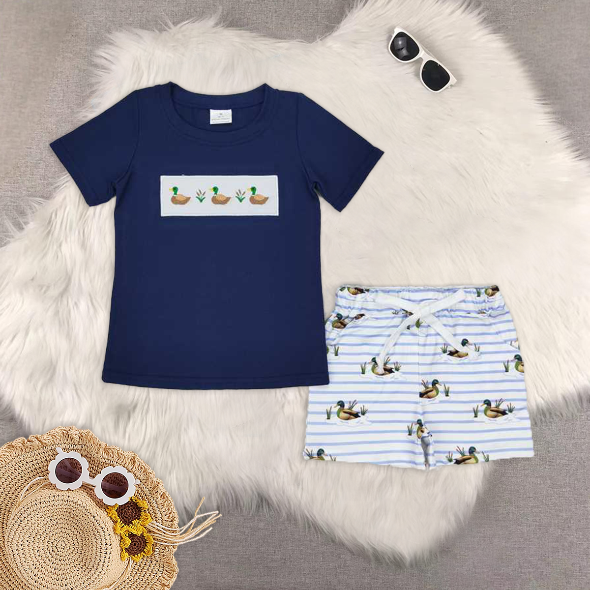 RTS NO MOQ Duck blue short-sleeved shorts suit & and romper