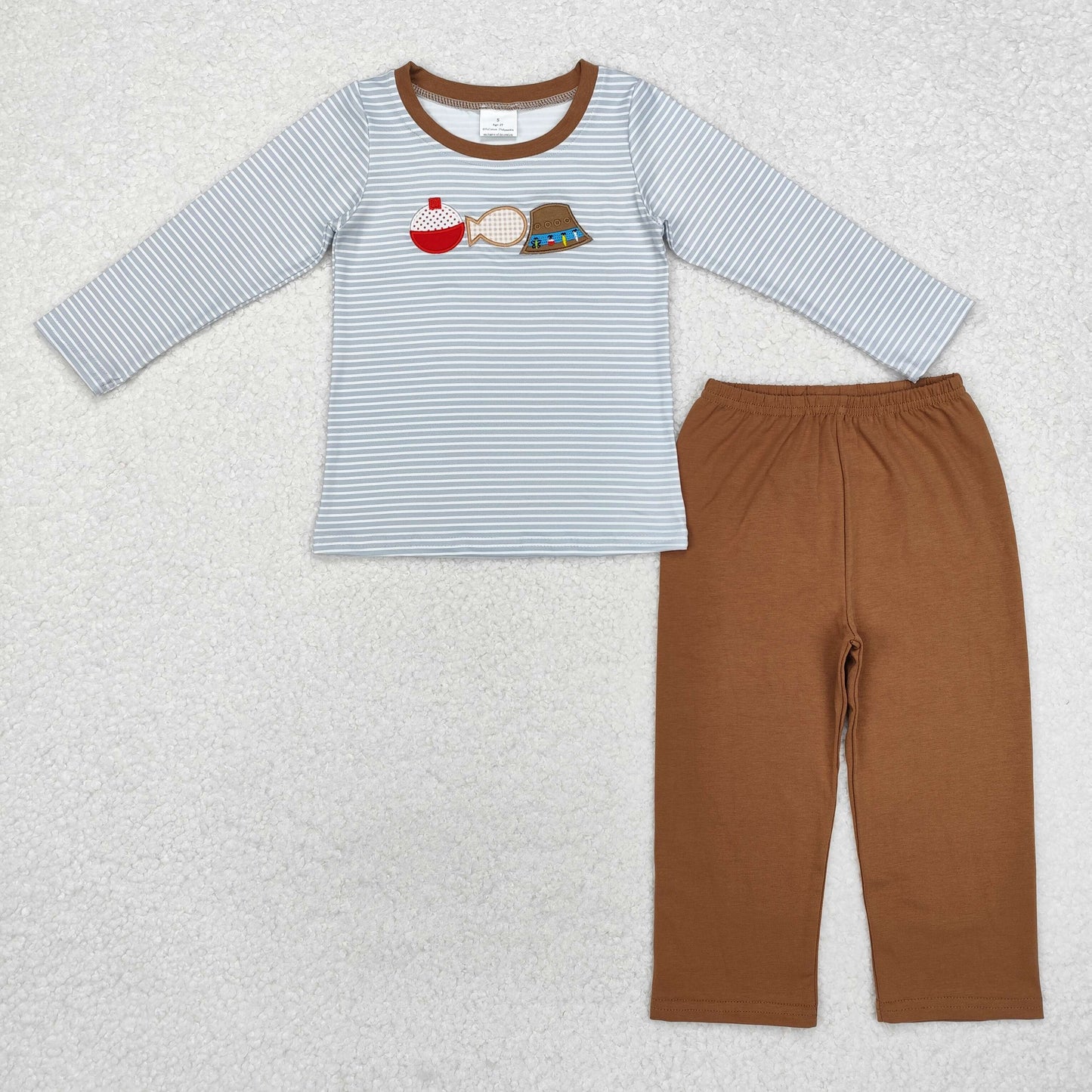 RTS NO MOQ ETA 5/7days Arrived BLP0590 Embroidered fishing hat striped long sleeve brown trousers set