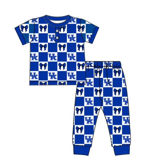 Custom moq 5 mix size milk silk summer teams baby boys clothes bow blue short sleeve pants sets