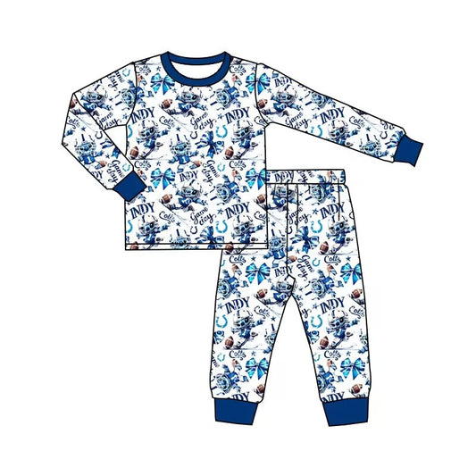 Custom moq 3 eat about 6/8weeks moq 5 eta 5/6weeks baby boys clothes bow rugby blue long sleeve pants pajamas outifts