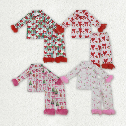 RTS NO MOQ Sibling Baby Girls clothes Christmas Plush Button Long Sleeve Long Pants Pajama Sets