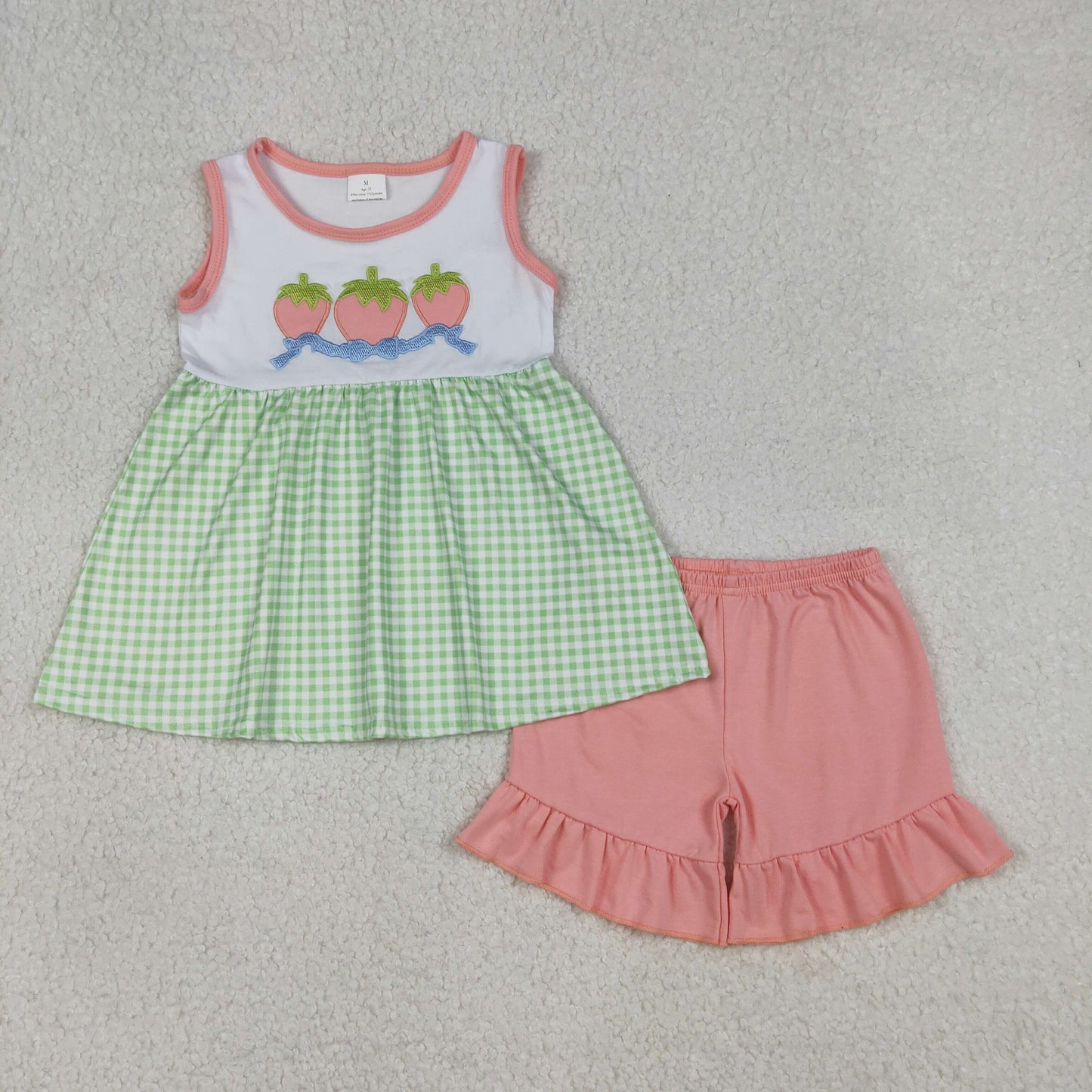 RTS NO MOQ（In Stock) GSSO2981 Embroidered Strawberry Bow Pattern Green Plaid Sleeveless Pink Shorts Set