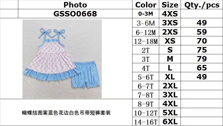 GSSO0668 Bow pattern blue lace white suspender shorts suit