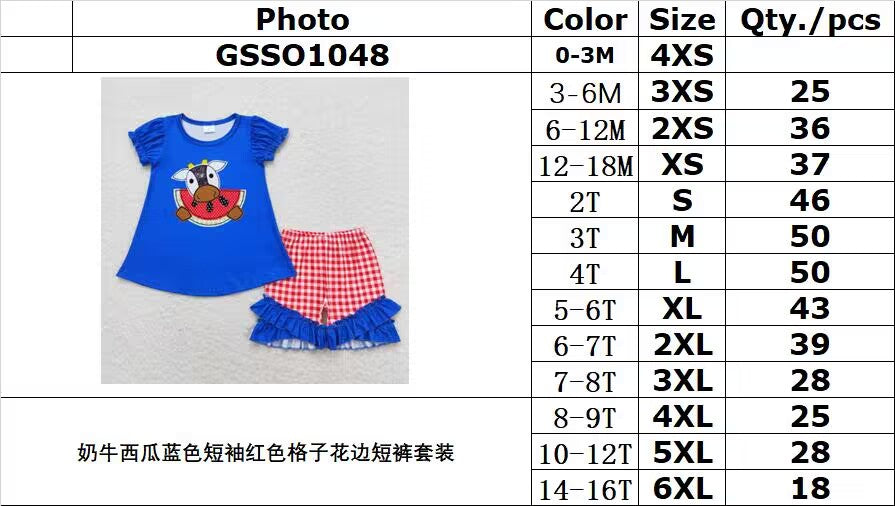 GSSO1048 Cow Watermelon Blue Short Sleeve Red Plaid Lace Shorts Suit