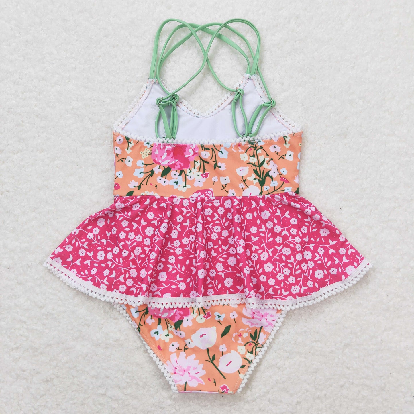 S0249 Floral floral lace pink and orange suspender one-piece swimsuit