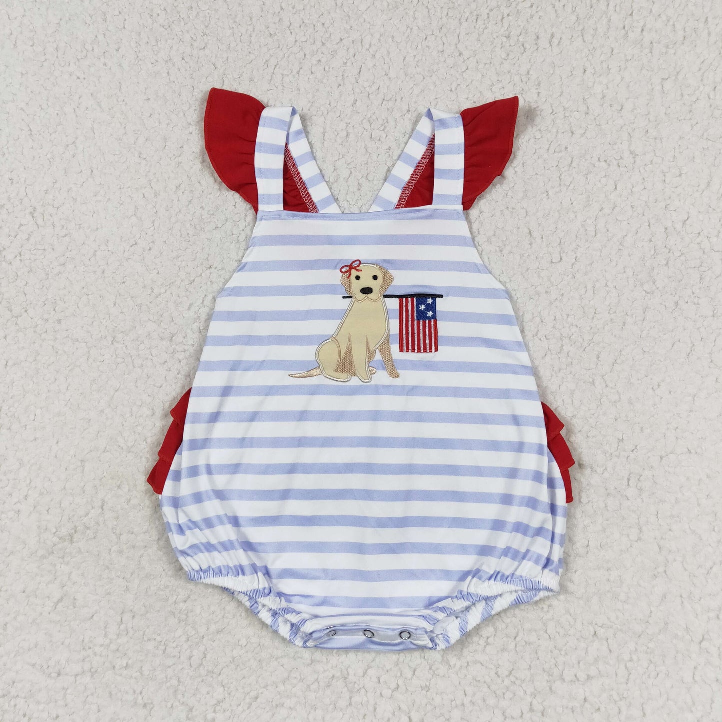 RTS no moq SR1081 embroidered puppy flag striped red lace vest jumpsuit