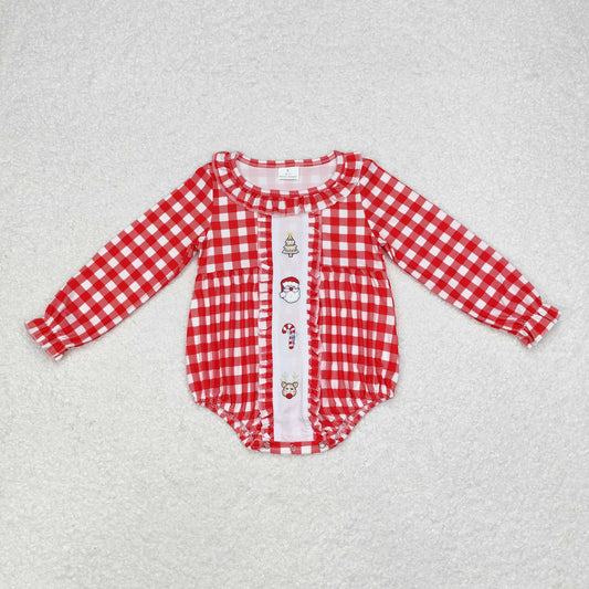 rts no moq LR1302 embroidery Christmas tree old man cane deer red plaid lace long sleeve jumpsuit