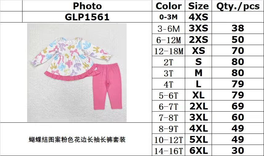 rts no moq GLP1561 Bow Pattern Pink Lace Long Sleeve Pants Set