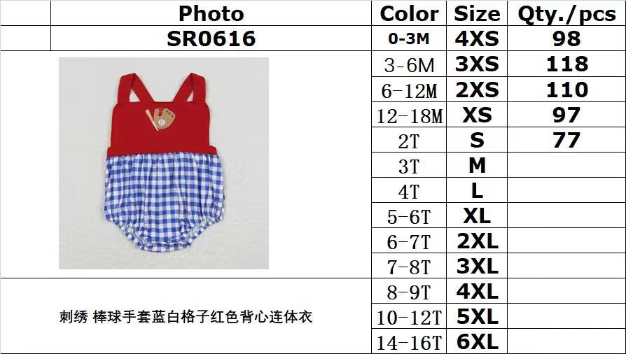 SR0616 Embroidered Baseball Gloves Blue White Plaid Red Vest Jumpsuit