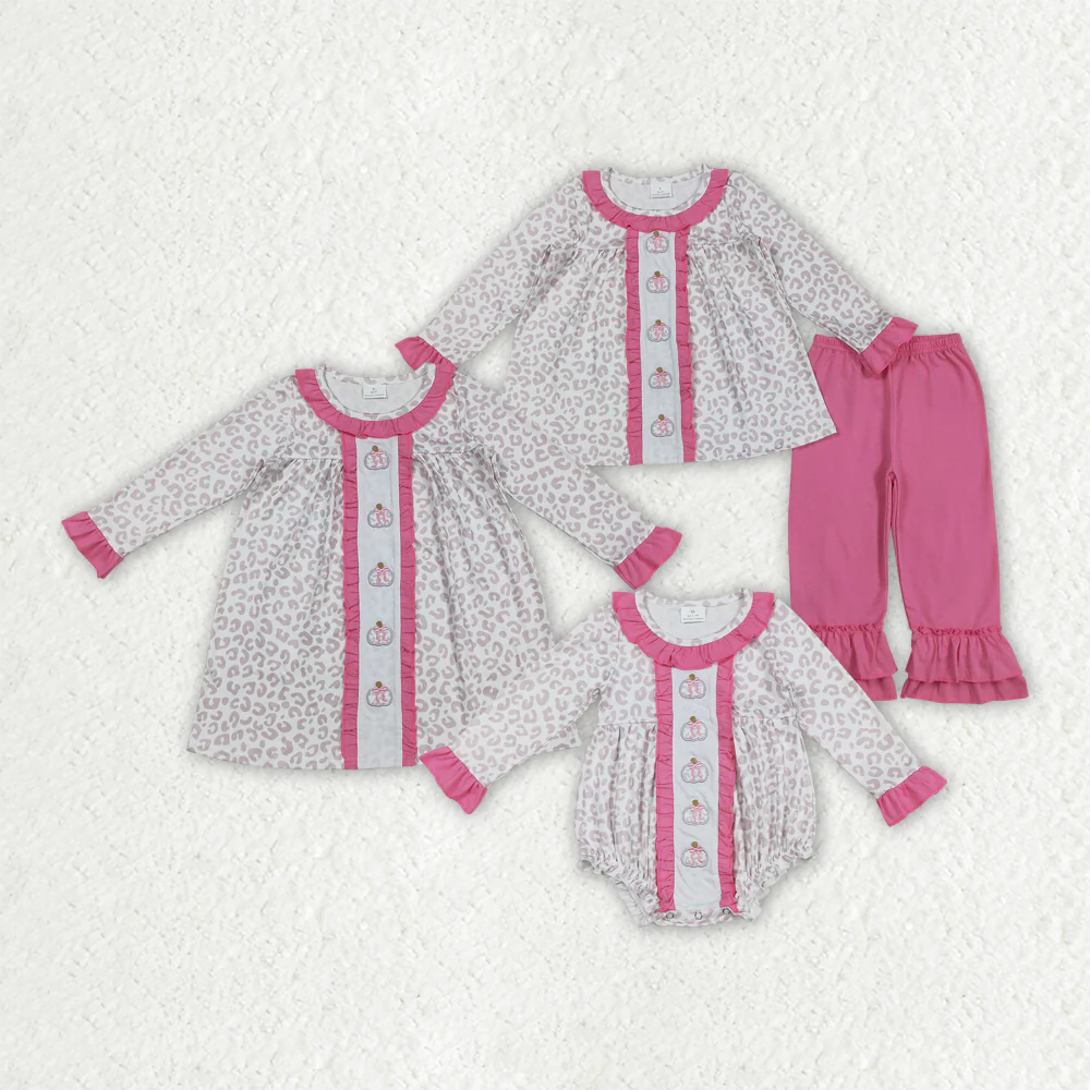 RTS Sibling baby girls clothes embroidery halloween pumpkin long Sleeve pants sets and dress and rompers