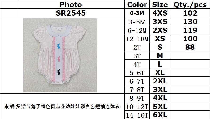 RTS NO MOQ ETA 5/7days arrived SR2545 Embroidery Easter Bunny Pink Polka Dot Lace Doll Collar White Short Sleeve Bodysuit