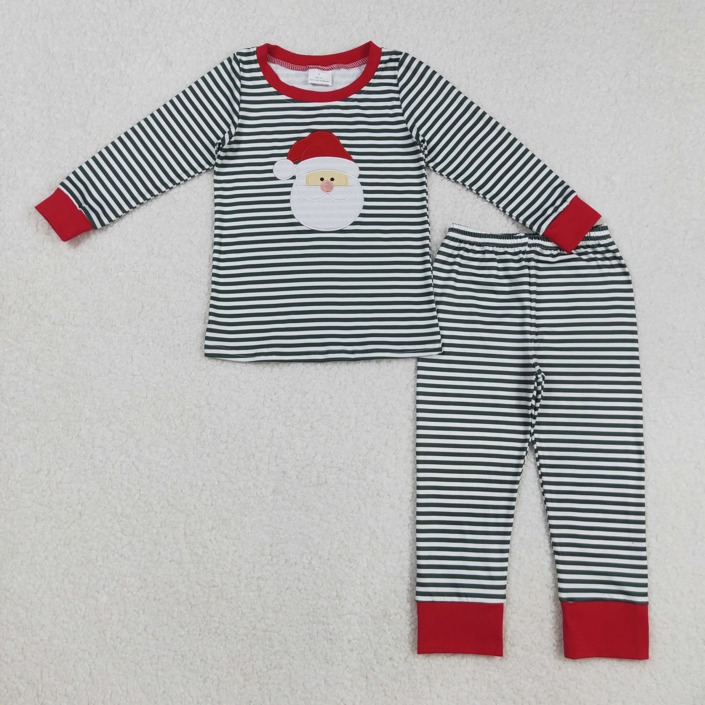 RTS NO MOQ（In Stock) BLP1126 Embroidered Santa Claus Green Striped Long-Sleeve Pants Pajama Set