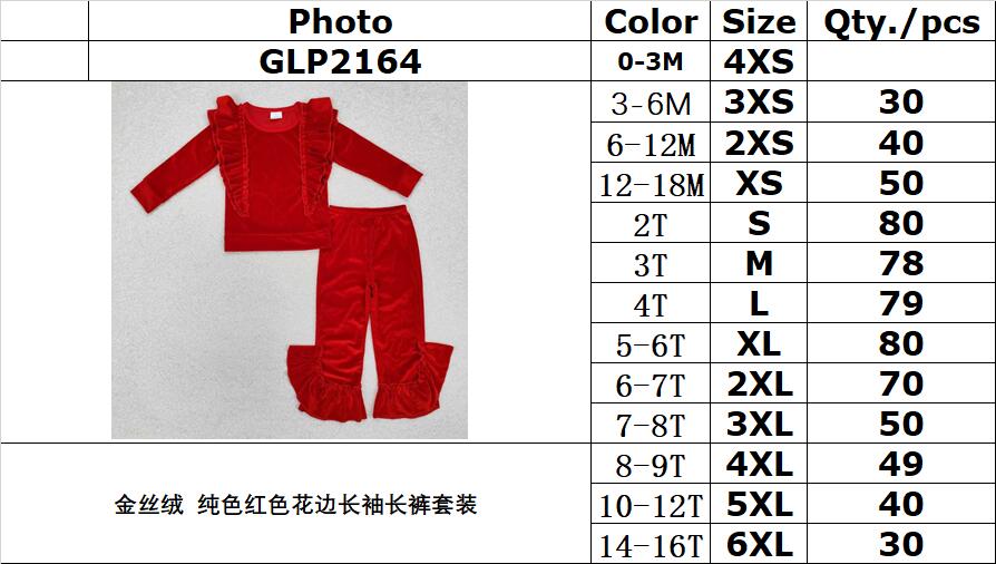 RTS NO MOQ ETA 5/7days Arrived GLP2164 Gold Velvet Solid Red Lace Long Sleeve Trousers Set