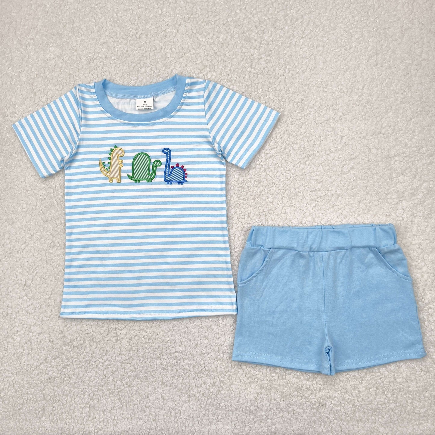 RTS NO MOQ BSSO1375 Embroidered dinosaur blue striped short-sleeved shorts set