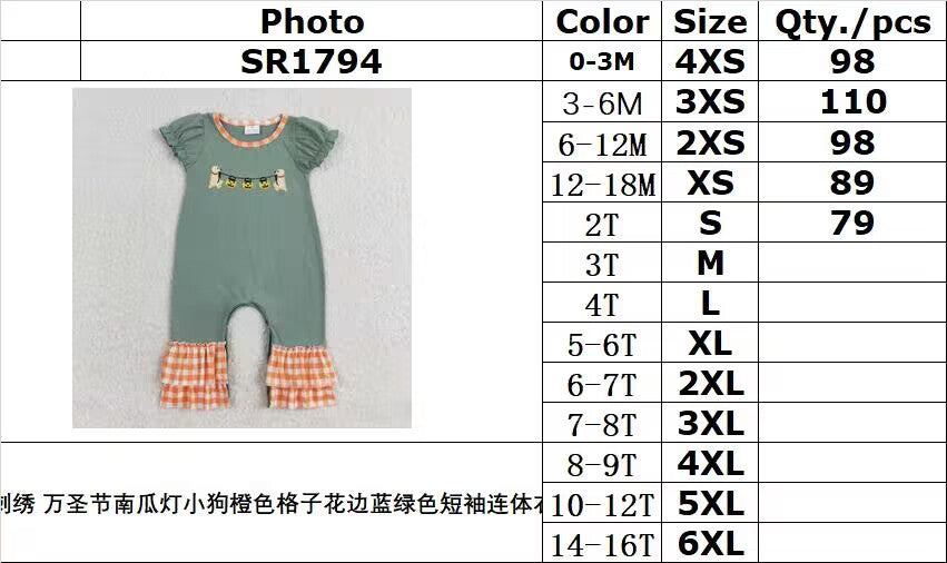 RTS no moq SR1794 Embroidered Halloween pumpkin lantern puppy orange plaid lace blue-green short-sleeved jumpsuit