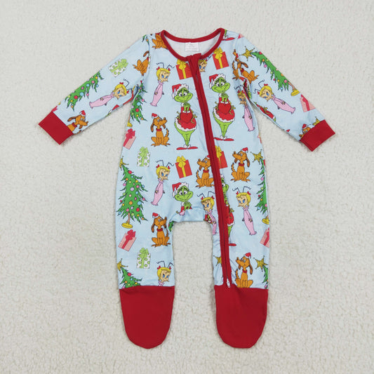 RTS NO MOQ（In Stock) LR2478 boy puppy Christmas tree blue zipper long sleeve jumpsuit