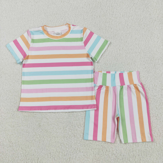 RTS NO MOQ GSSO2468 Colorful striped white short-sleeved shorts set