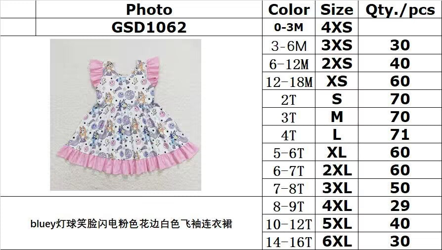 RTS no moq GSD1062 bluey light ball smiley face lightning pink lace white flying sleeve dress