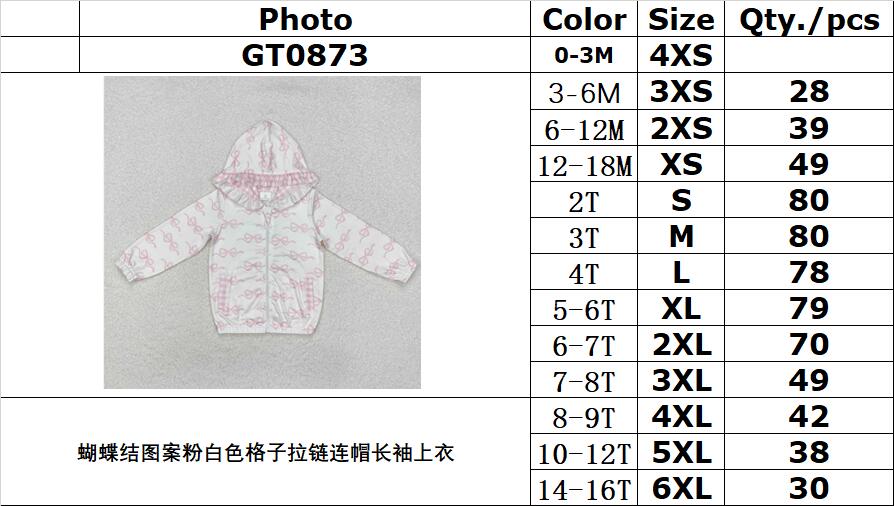 RTS NO MOQ ETA 5/7days Arrived GT0873 Bow pattern pink and white plaid zipper hooded long-sleeved top