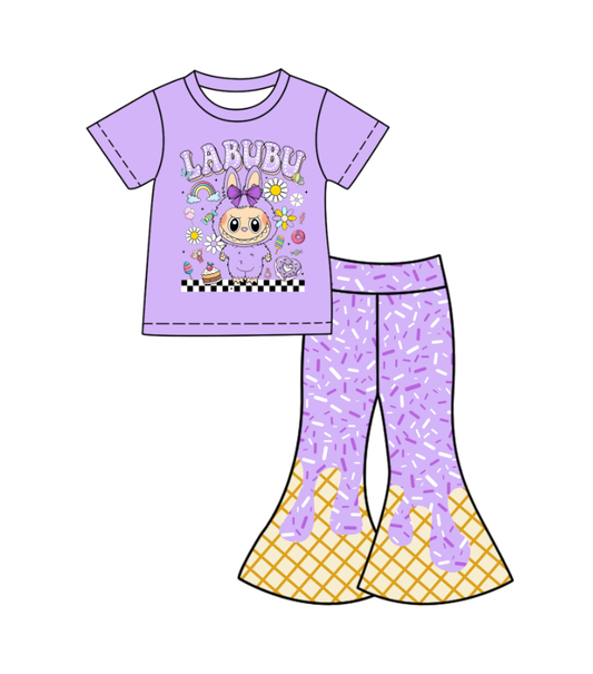 Custom moq 5 mix size milk silk baby girl clothes cartoon purple short sleeve pants sets
