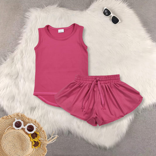 RTS NO MOQ Sibling baby girls clothes yoga Pure rose red sleeveless short sets and Top and shorts
