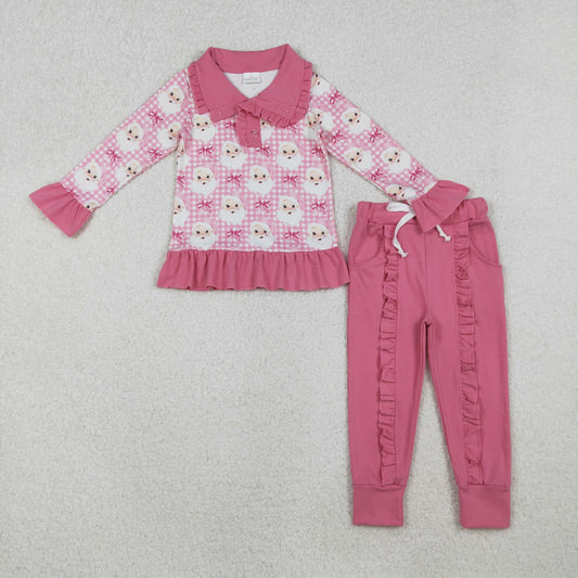 12/18m-7/8t RTS NO MOQ（In Stock) GLP2881 Pink and white plaid button-down long-sleeved trouser set with Santa Claus bow pattern