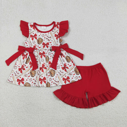 RTS NO MOQ（In Stock) GSSO3058 Red bow-patterned baseball glove and white shorts set