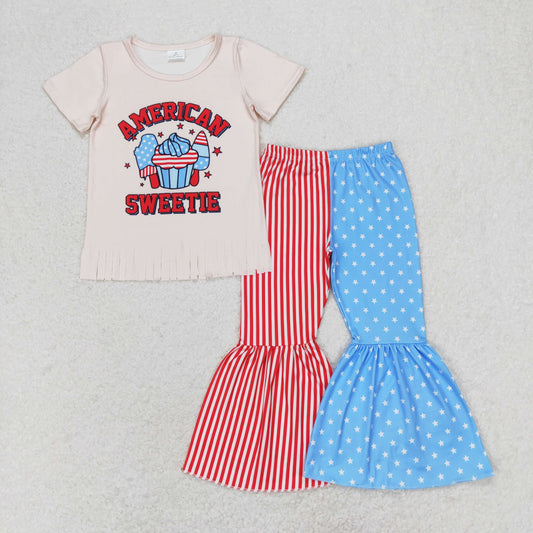 RTS no moq GSPO1485 american sweetie ice cream ice cream fringed short-sleeved patchwork trousers suit