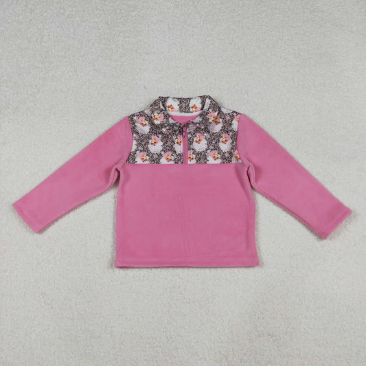 RTS NO MOQ（In Stock) fleece GT1151 Christmas Santa Claus Leopard Print Pink Plush Zipper Long-Sleeved Top