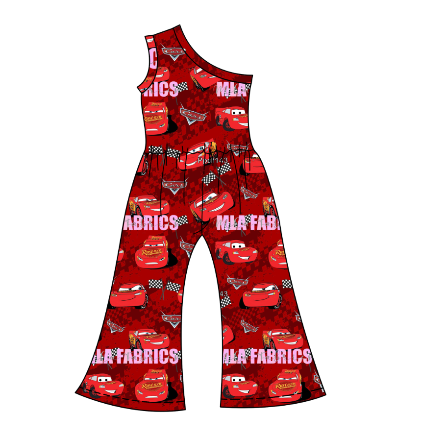 Custom moq 3 eta 7/8week moq 5 eta /4/5week cartoon red one shoulder overalls jumpsuit