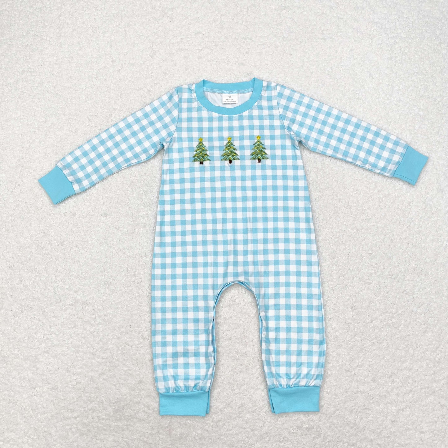 rts no moq LR1366 Embroidered star Christmas tree blue plaid long sleeve jumpsuit
