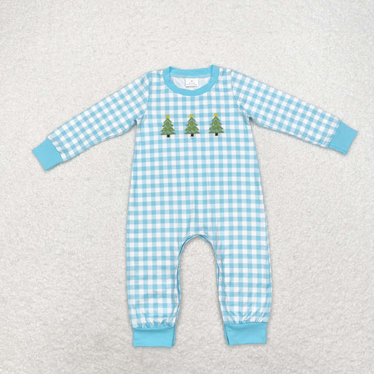 rts no moq LR1366 Embroidered star Christmas tree blue plaid long sleeve jumpsuit